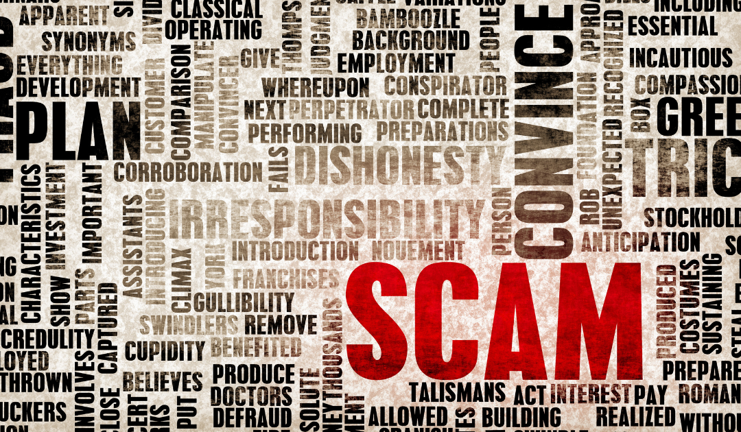 collage of the word "SCAM" surrounded by other similar words