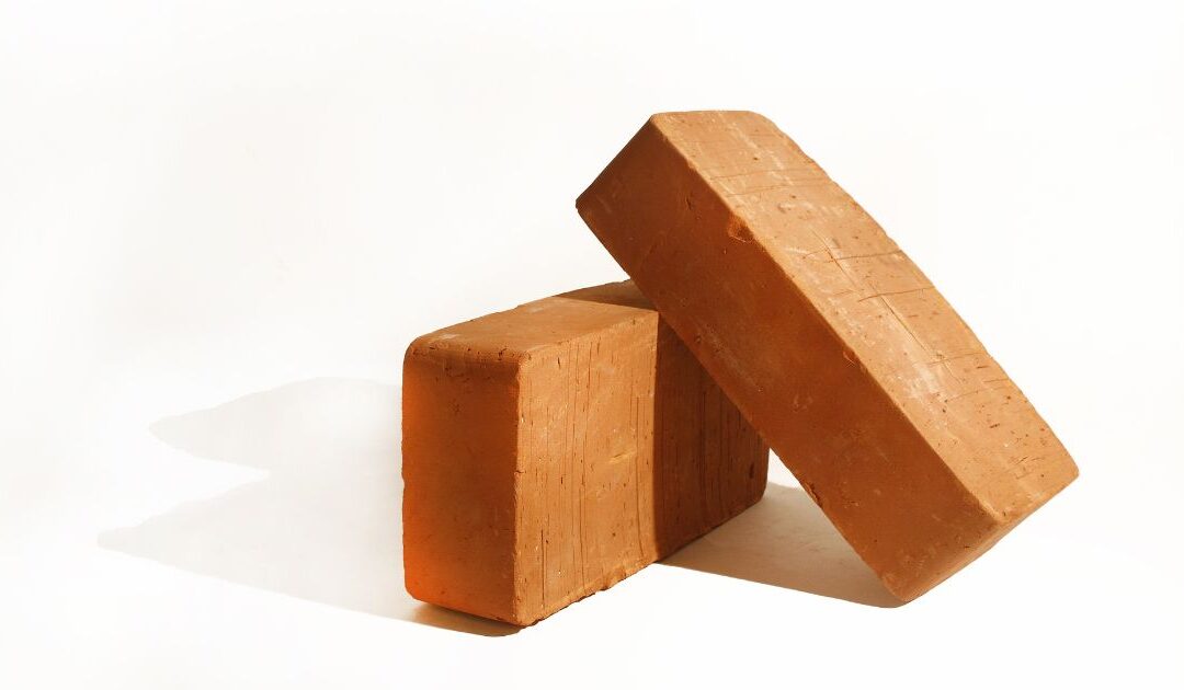 two bricks leaning on each other in front of a white background