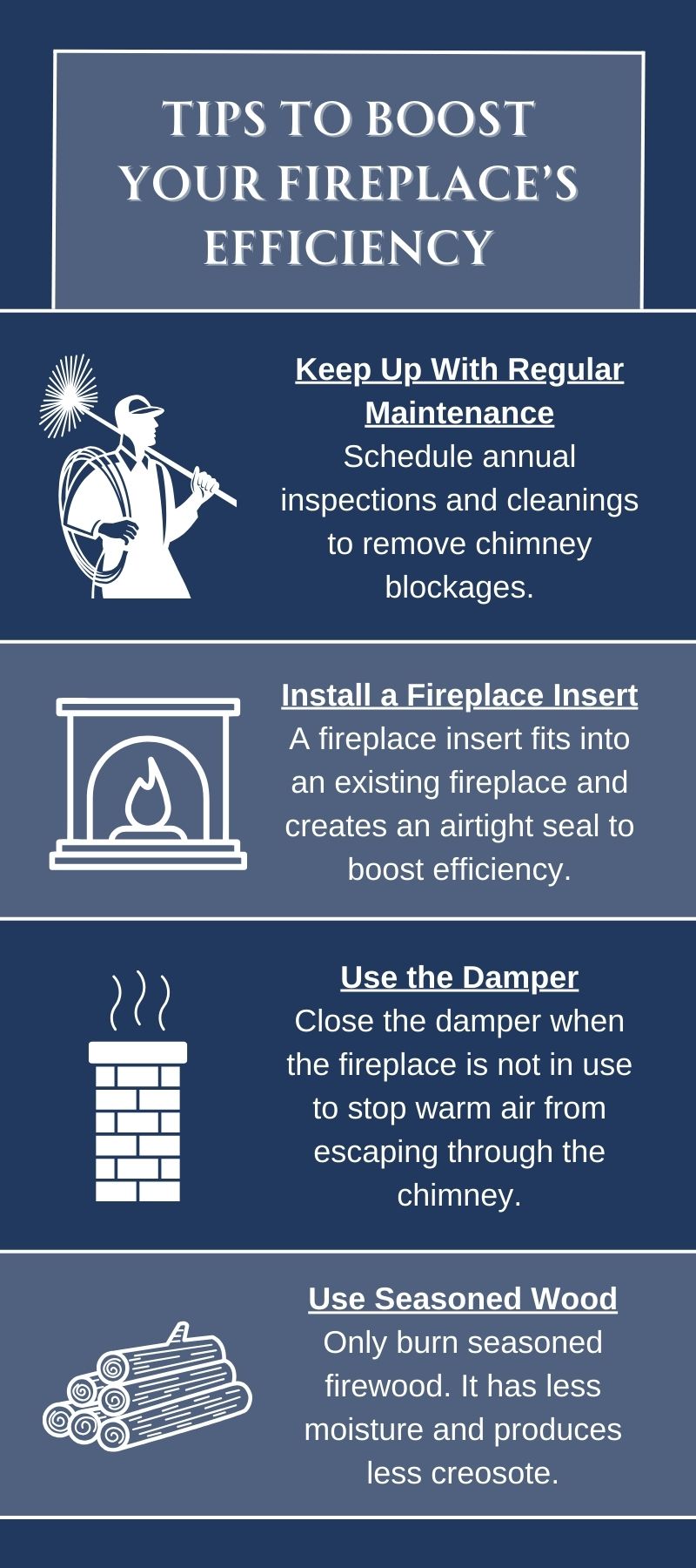 original infographic showing tips for boosting fireplace efficiency