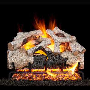 Stock Image - Peterson - Charred Burnt Aspen Real Fyre Gas Log Set & Burner - Dunrite Chimney and Stove