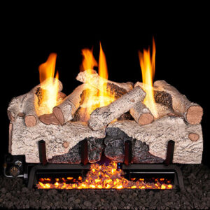 Stock Image - Peterson - Charred Alpine Birch Real Fyre Gas Log Set & Burner - Dunrite Chimney and Stove