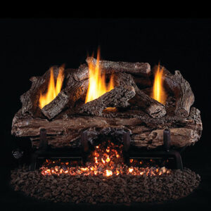 Stock Image - Peterson - Charred Aged Split Oak Real Fyre Gas Log Set & Burner - Dunrite Chimney and Stove