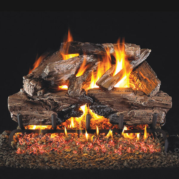 Stock Image - Peterson - Charred Cedar Real Fyre Gas Log Set & Burner - Dunrite Chimney and Stove