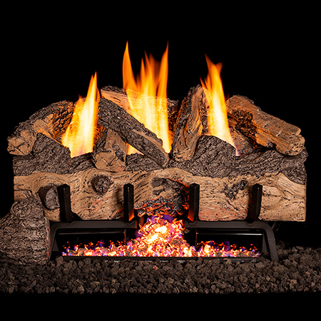 Stock Image - Peterson - Charred Gnarled Oak Real Fyre Gas Log Set & Burner - Dunrite Chimney and Stove