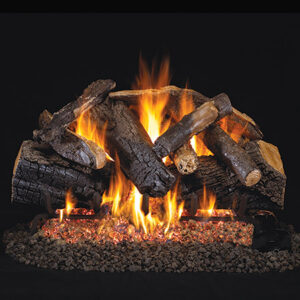 Stock Image - Peterson - Charred Majestic Oak Real Fyre Gas Log Set & Burner - Dunrite Chimney and Stove