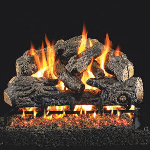 Stock Image - Peterson - Charred Northern Oak Real Fyre Gas Log Set & Burner - Dunrite Chimney and Stove