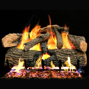 Stock Image - Peterson - Charred Evergreen Oak Real Fyre Gas Log Set & Burner - Dunrite Chimney and Stove