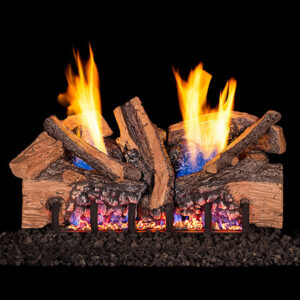 Stock Image - Peterson - Foothill Oak Split Real Fyre Gas Log Set & Burner - Dunrite Chimney and Stove