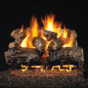 Stock Image - Peterson - Burnt Rustic Oak Real Fyre Gas Log Set & Burner - Dunrite Chimney and Stove