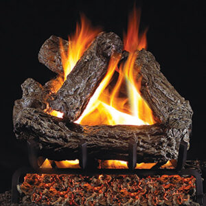 Stock Image - Peterson - Rustic Oak or Burnt Rustic Oak Real Fyre Gas Log Set & Burner - Dunrite Chimney and Stove
