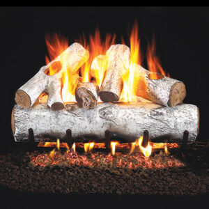 Stock Image - Peterson - White Birch Real Fyre Gas Log Set & Burner - Dunrite Chimney and Stove