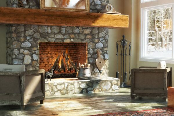 Stock Image - Grand Canyon Gas Logs - Kiva Grand Canyon Gas Logs - Dunrite Chimney and Stove