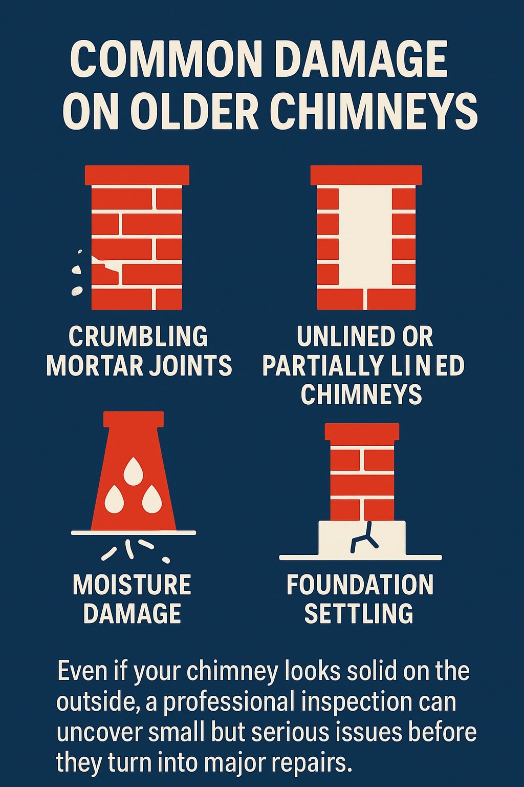 original infographic has a dark blue background with white text and red chimney illustrations, showing “COMMON DAMAGE ON OLDER CHIMNEYS” in bold at the top. Four illustrated chimney graphics highlight problems: the first shows crumbling bricks labeled “CRUMBLING MORTAR JOINTS,” the second shows a chimney without a liner labeled “UNLINED OR PARTIALLY LINED CHIMNEYS,” the third shows a chimney with water droplets dripping from it labeled “MOISTURE DAMAGE,” and the fourth shows a chimney with a cracked base labeled “FOUNDATION SETTLING.” At the bottom, white text reads: “Even if your chimney looks solid on the outside, a professional inspection can uncover small but serious issues before they turn into major repairs.”