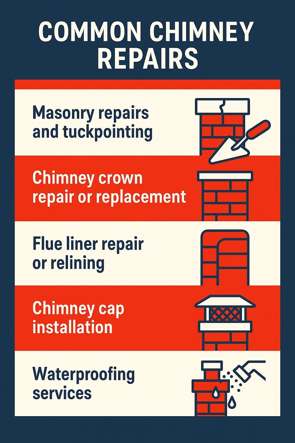 Original infographic showing “Common Chimney Repairs” with a clean, block-style layout in navy blue, red, and cream tones. Each section alternates between cream and red backgrounds with bold navy text and simple line-art icons in red and navy. Listed repairs include masonry repairs and tuckpointing (illustrated by a trowel and brick wall), chimney crown repair or replacement (brick chimney with flat top), flue liner repair or relining (outlined flue interior), chimney cap installation (chimney with metal cap), and waterproofing services (watering can pouring water onto a chimney with droplets). The overall design is straightforward and professional, emphasizing essential chimney maintenance services.

