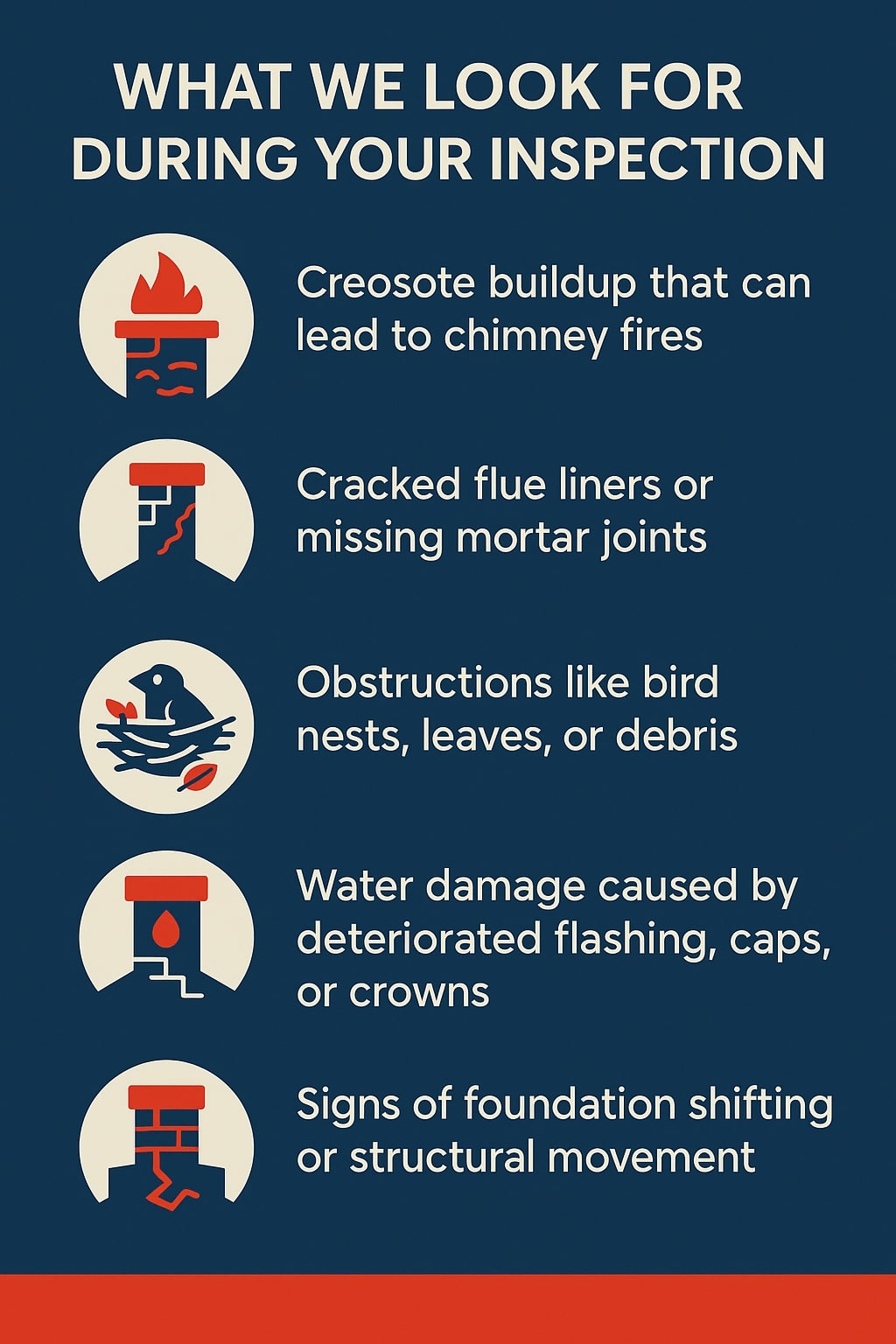 original infographic with a dark blue background and cream text titled &ldquo;WHAT WE LOOK FOR DURING YOUR INSPECTION,&rdquo; featuring five circular icons on the left, each paired with text on the right. The first icon shows a chimney with a red flame for &ldquo;Creosote buildup that can lead to chimney fires.&rdquo; The second depicts a cracked chimney for &ldquo;Cracked flue liners or missing mortar joints.&rdquo; The third shows a bird in a nest with a leaf for &ldquo;Obstructions like bird nests, leaves, or debris.&rdquo; The fourth displays a chimney with a red water droplet for &ldquo;Water damage caused by deteriorated flashing, caps, or crowns.&rdquo; The fifth shows a chimney with a cracked base for &ldquo;Signs of foundation shifting or structural movement.&rdquo; The design uses red, cream, and dark blue for contrast and clarity.